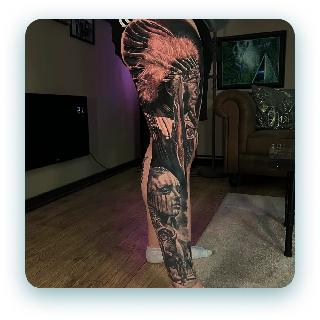 black-and-grey-realism-chief-american-indian-leg-sleeve-tattoo